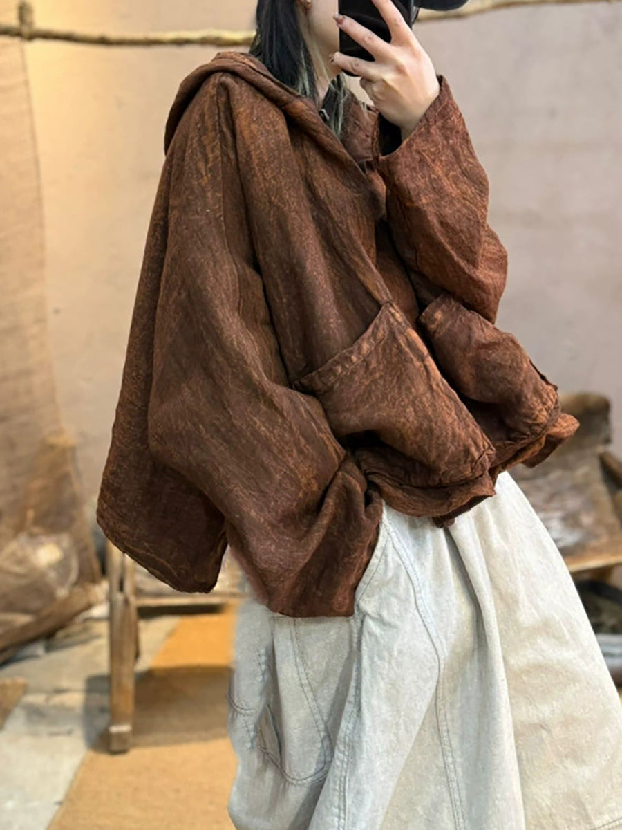 Women Autumn Retro Pure Color Hoodie Coat