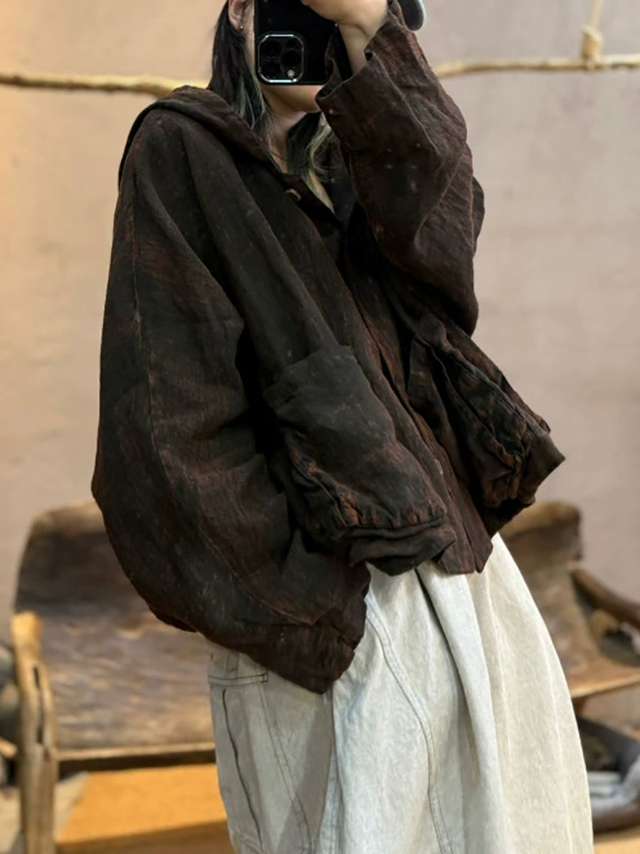 Women Autumn Retro Pure Color Hoodie Coat