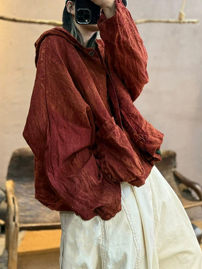 Women Autumn Retro Pure Color Hoodie Coat