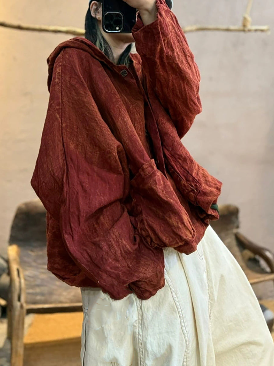 Women Autumn Retro Pure Color Hoodie Coat