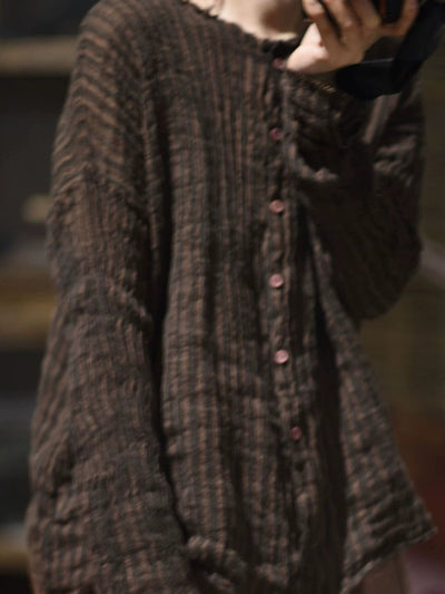 Plus Size Women Autumn Retro Stripe Linen O-Neck Shirt