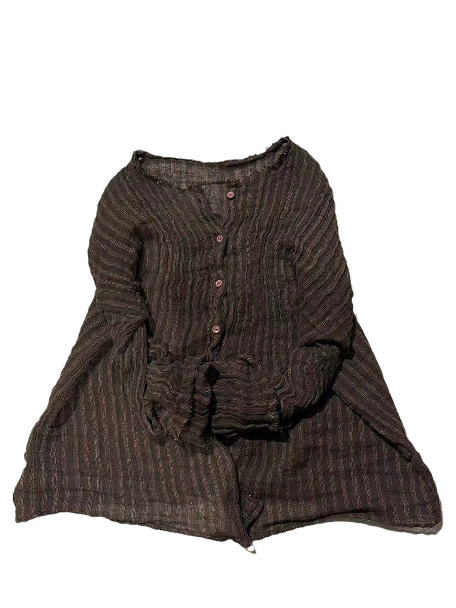 Plus Size Women Autumn Retro Stripe Linen O-Neck Shirt