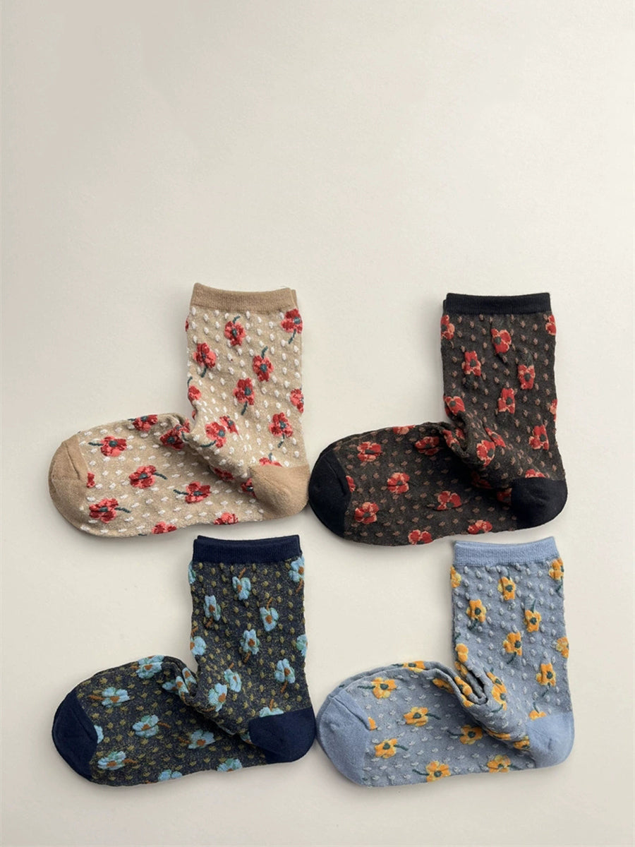5 Pairs Women Autumn Artsy Floral Cotton Socks