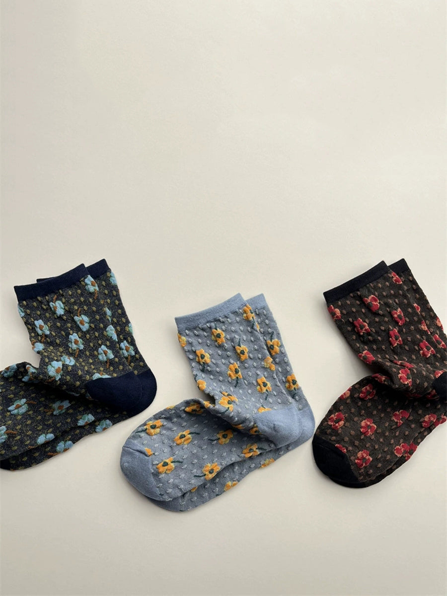 5 Pairs Women Autumn Artsy Floral Cotton Socks