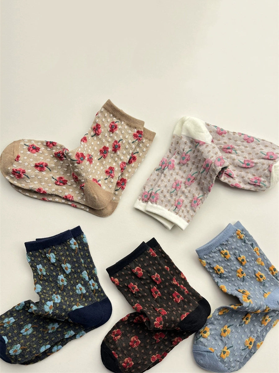 5 Pairs Women Autumn Artsy Floral Cotton Socks