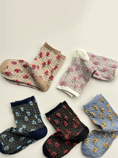 5 Pairs Women Autumn Artsy Floral Cotton Socks