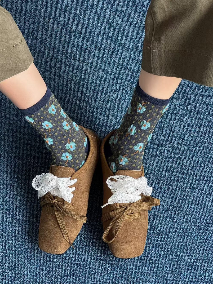 5 Pairs Women Autumn Artsy Floral Cotton Socks