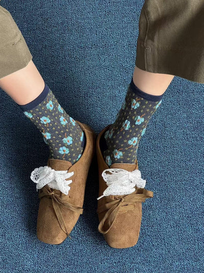 5 Pairs Women Autumn Artsy Floral Cotton Socks