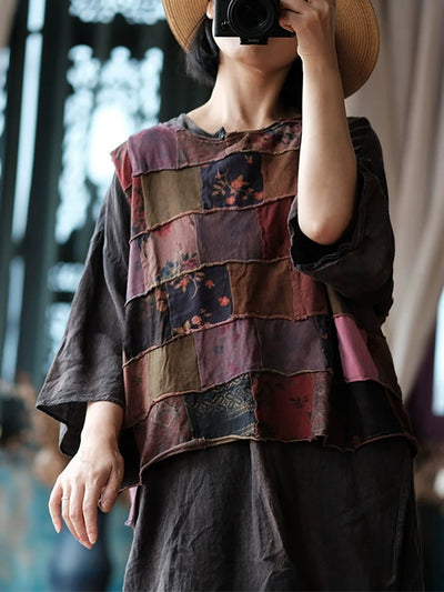 Women Autumn Retro Patchwork Cotton O-Neck Shirt