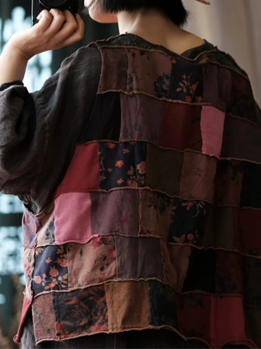 Women Autumn Retro Patchwork Cotton O-Neck Shirt
