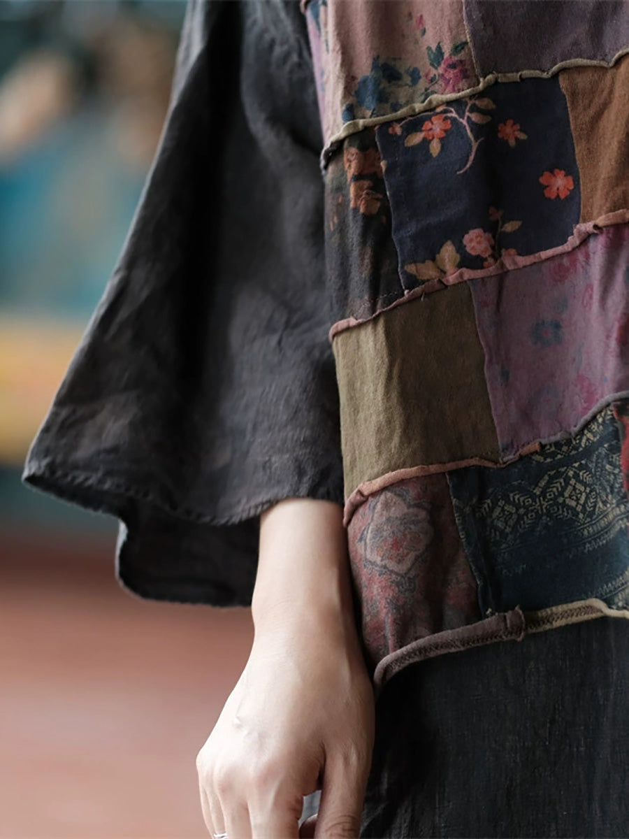 Women Autumn Retro Patchwork Cotton O-Neck Shirt