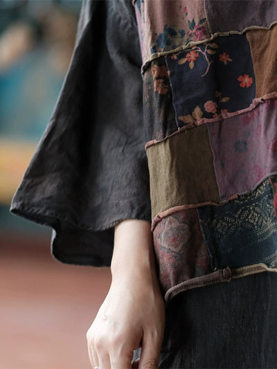 Women Autumn Retro Patchwork Cotton O-Neck Shirt