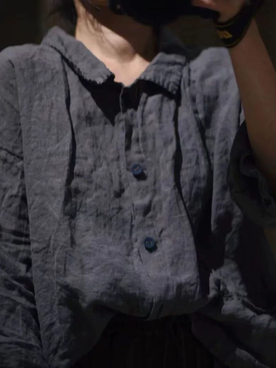 Women Autumn Retro Pure Color Linen Turn-down Collar Shirt