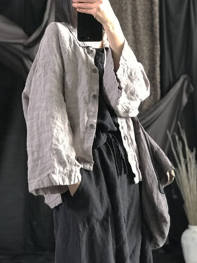 Women Autumn Retro Pure Color Linen Turn-down Collar Shirt