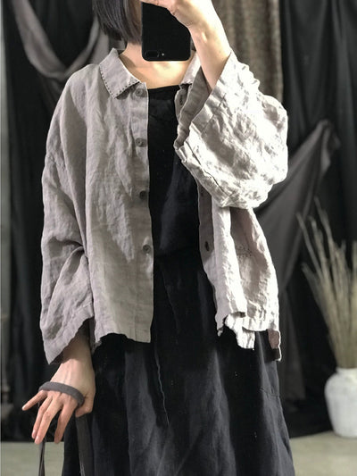 Women Autumn Retro Pure Color Linen Turn-down Collar Shirt