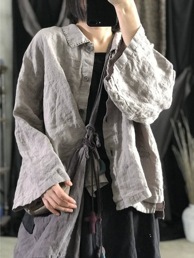 Women Autumn Retro Pure Color Linen Turn-down Collar Shirt