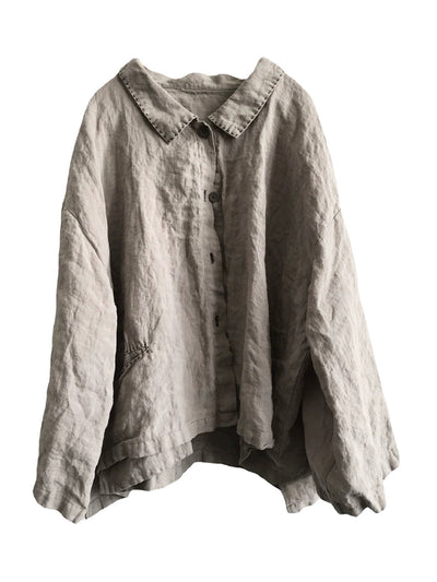 Women Autumn Retro Pure Color Linen Turn-down Collar Shirt