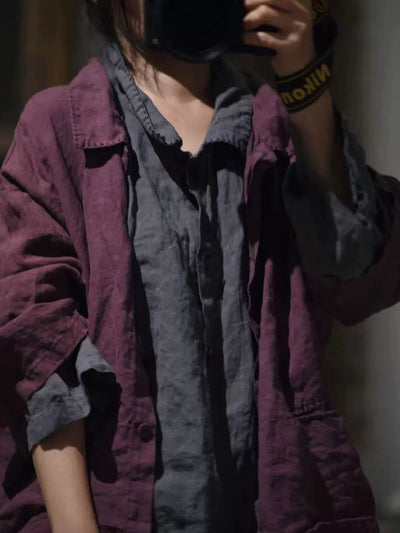 Women Autumn Retro Pure Color Linen Turn-down Collar Shirt