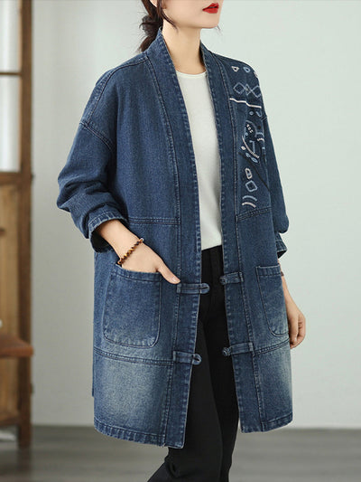 Women Vintage Autumn Embroidery Denim V-Neck Coat