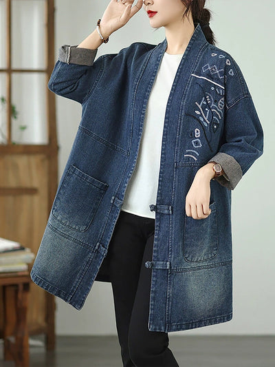 Women Vintage Autumn Embroidery Denim V-Neck Coat