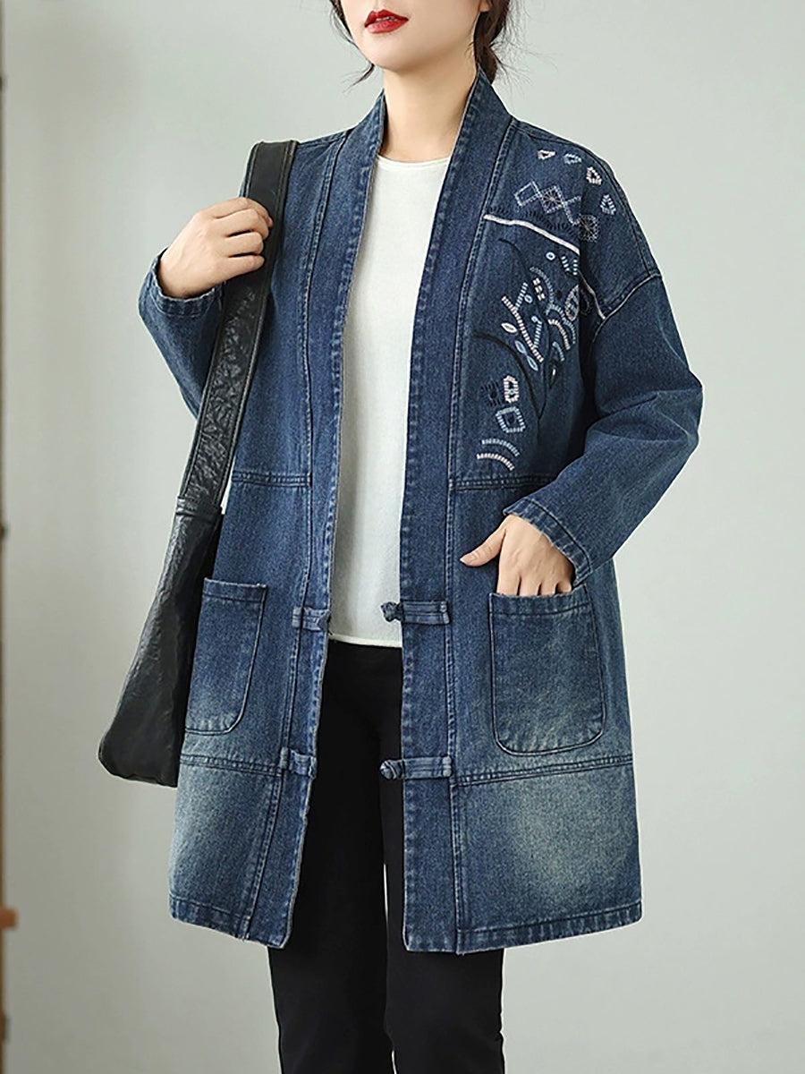 Women Vintage Autumn Embroidery Denim V-Neck Coat