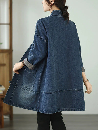 Women Vintage Autumn Embroidery Denim V-Neck Coat
