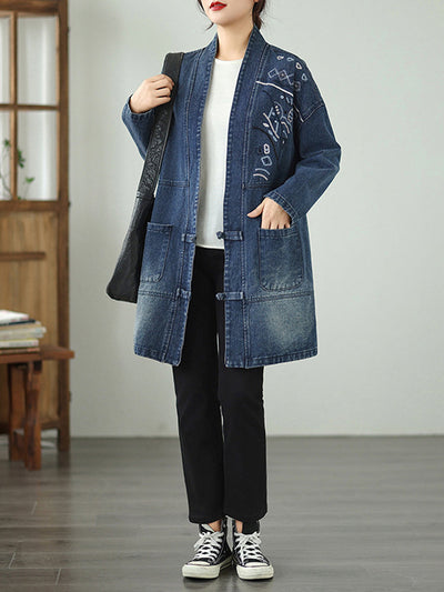 Women Vintage Autumn Embroidery Denim V-Neck Coat