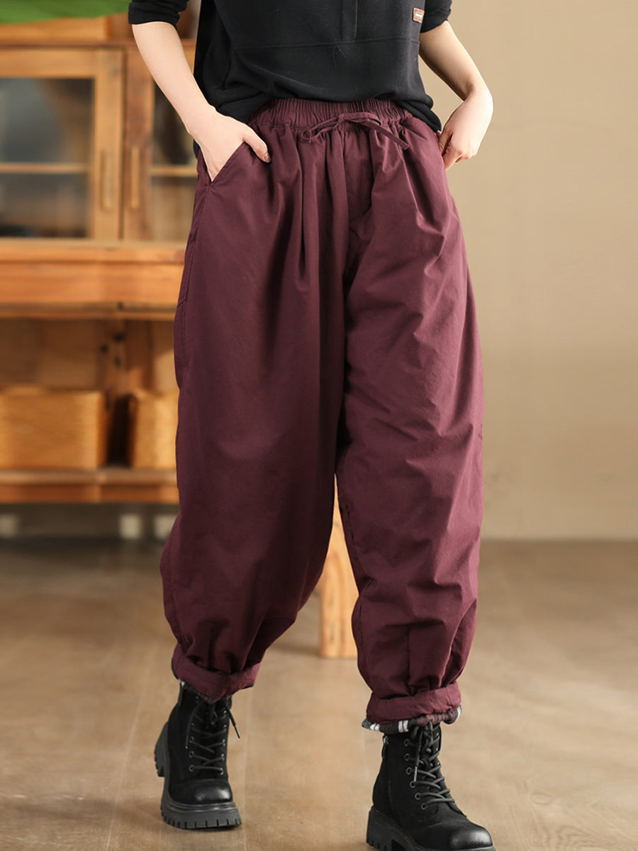 Women Autumn Pure Color Cotton Padded Harem Pants