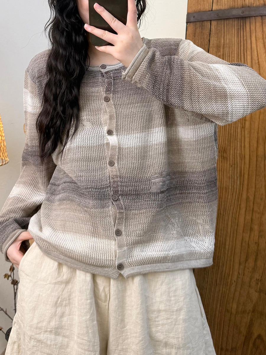 Women Autumn Artsy Gradient Color Knitted O-Neck Shirt