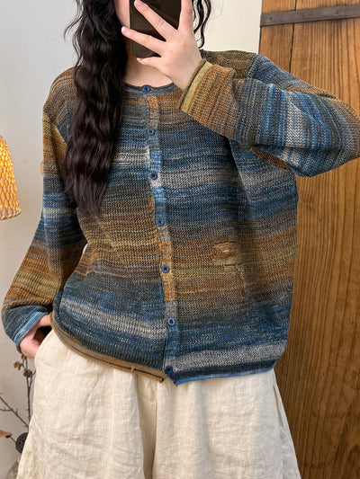 Women Autumn Artsy Gradient Color Knitted O-Neck Shirt