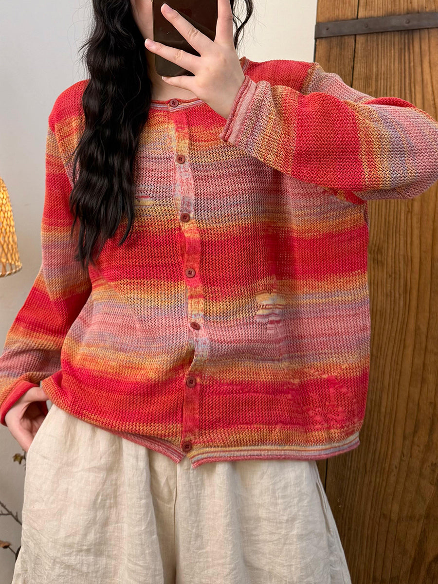 Women Autumn Artsy Gradient Color Knitted O-Neck Shirt