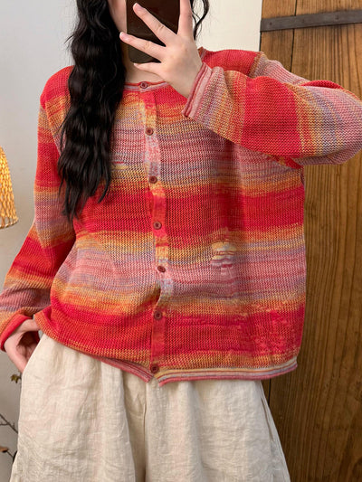 Women Autumn Artsy Gradient Color Knitted O-Neck Shirt