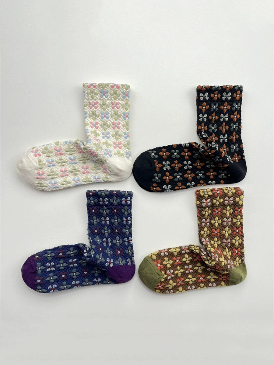 5 Pairs Women Autumn Artsy Floral Jacquard Socks