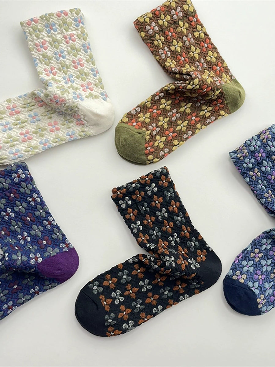 5 Pairs Women Autumn Artsy Floral Jacquard Socks