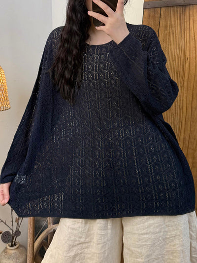 Women Autumn Casual Pure Color Linen Knitted O-Neck Shirt