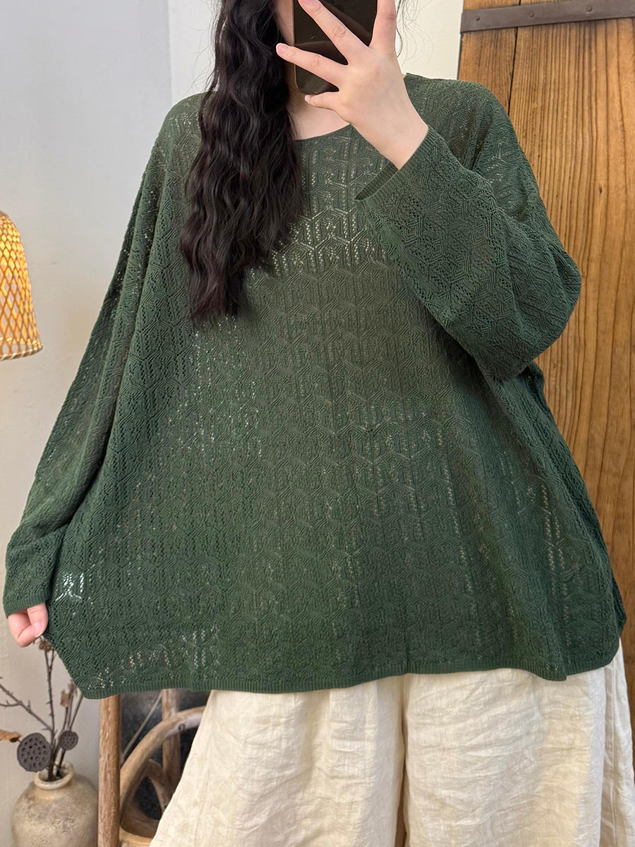 Women Autumn Casual Pure Color Linen Knitted O-Neck Shirt