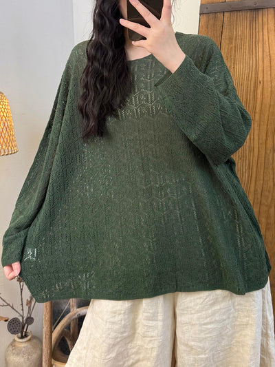 Women Autumn Casual Pure Color Linen Knitted O-Neck Shirt