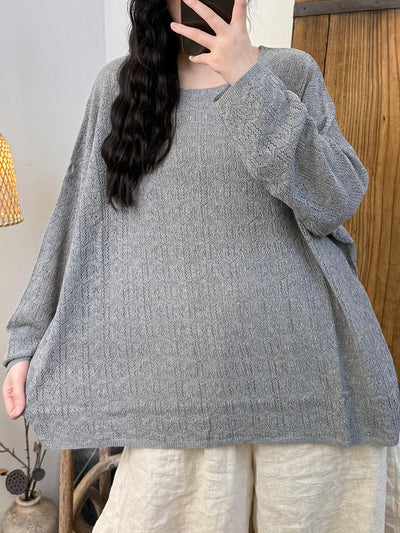 Women Autumn Casual Pure Color Linen Knitted O-Neck Shirt