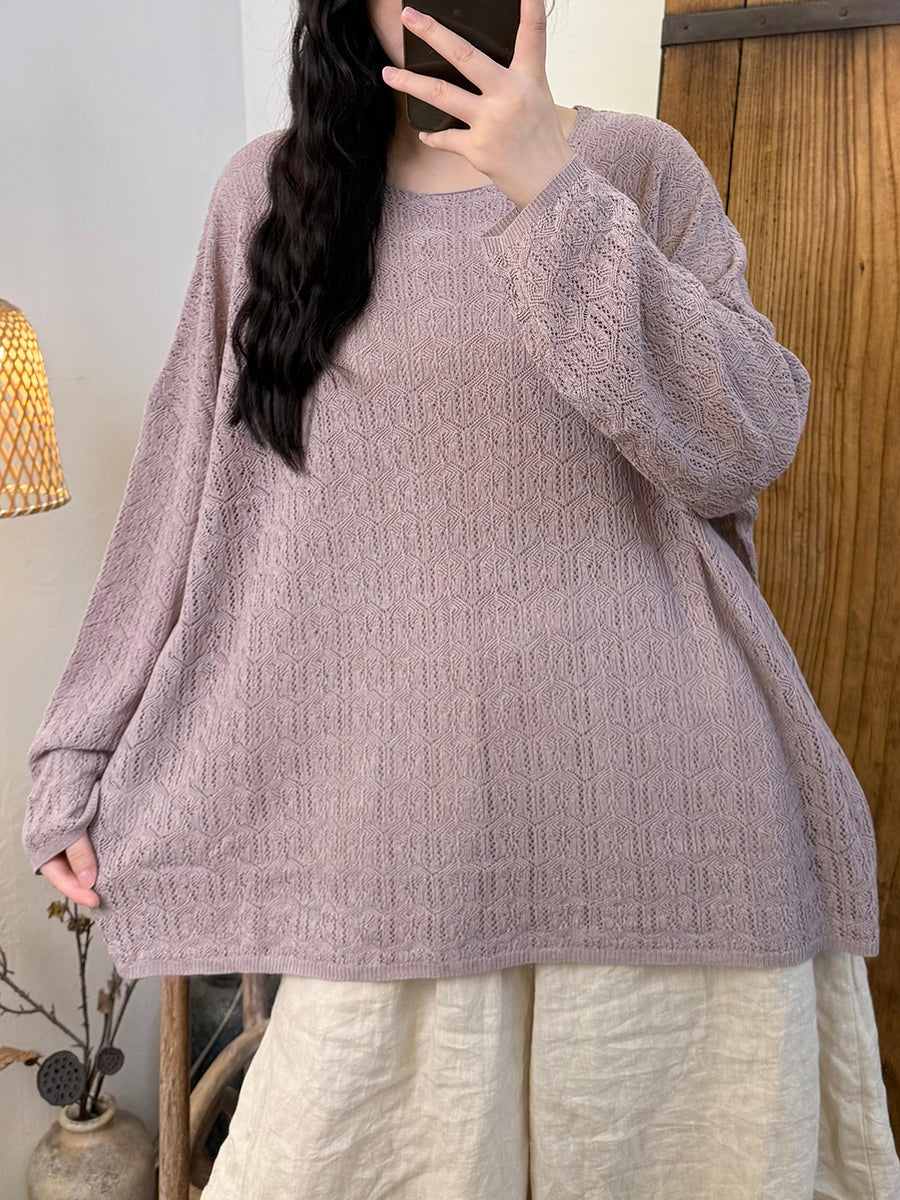 Women Autumn Casual Pure Color Linen Knitted O-Neck Shirt