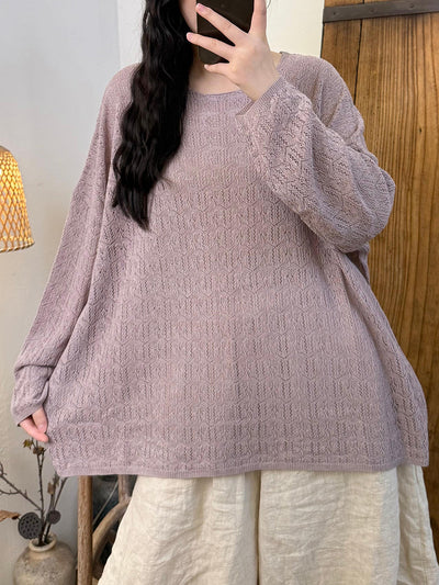 Women Autumn Casual Pure Color Linen Knitted O-Neck Shirt