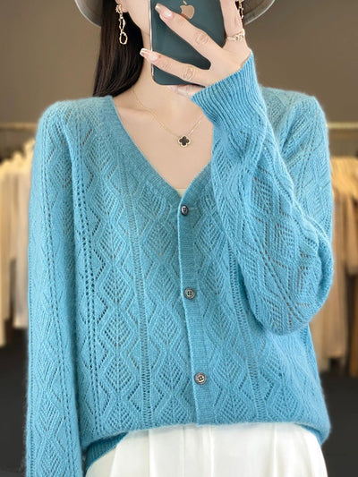 Women Autumn Casual Pure Color V-Neck Sweater