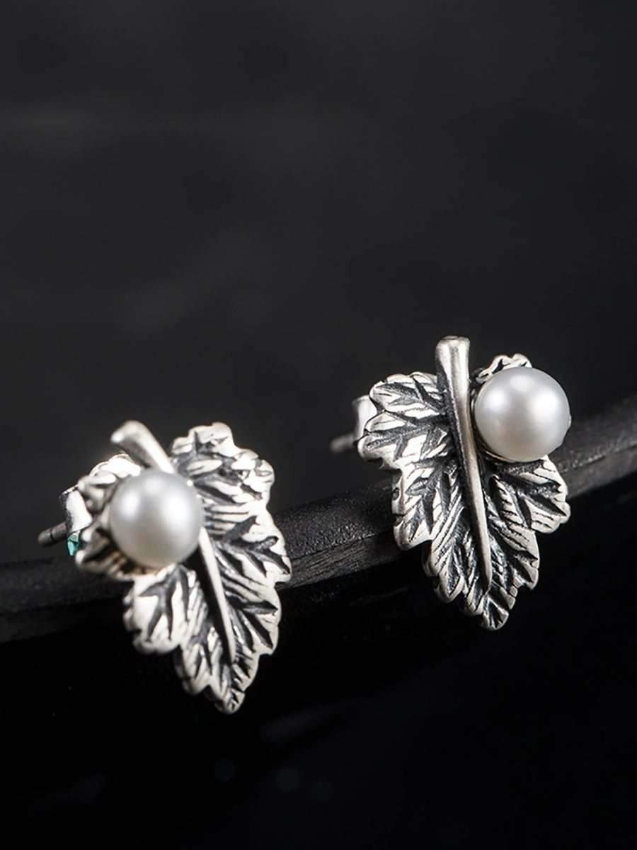 Women Vintage S925Silver Leaf Pearl Earrings