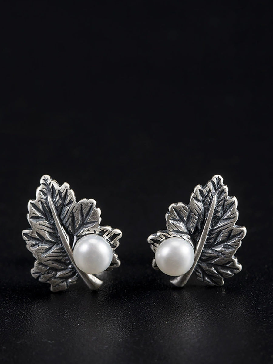 Women Vintage S925Silver Leaf Pearl Earrings
