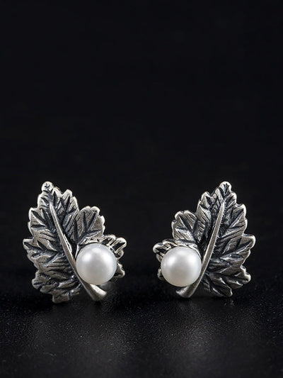 Women Vintage S925Silver Leaf Pearl Earrings