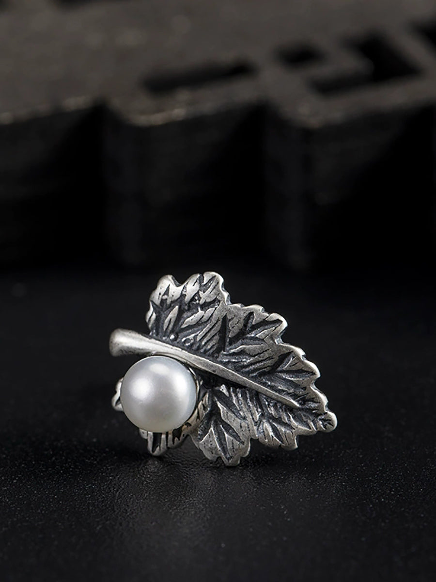 Women Vintage S925Silver Leaf Pearl Earrings