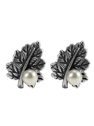 Women Vintage S925Silver Leaf Pearl Earrings