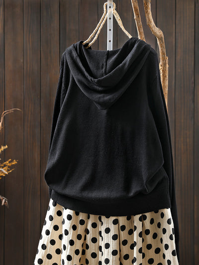 Women Autumn Casual Pure Color Hooded Knitted Blouse