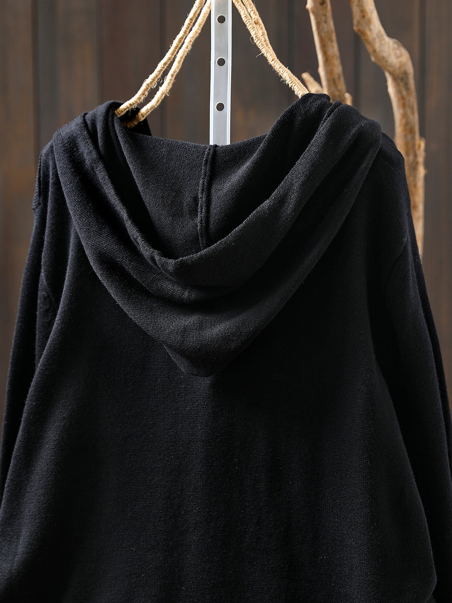 Women Autumn Casual Pure Color Hooded Knitted Blouse