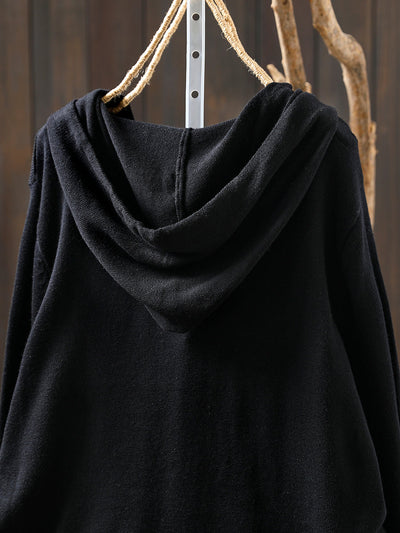 Women Autumn Casual Pure Color Hooded Knitted Blouse