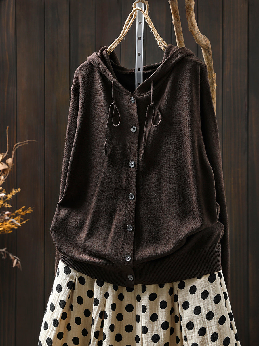 Women Autumn Casual Pure Color Hooded Knitted Blouse